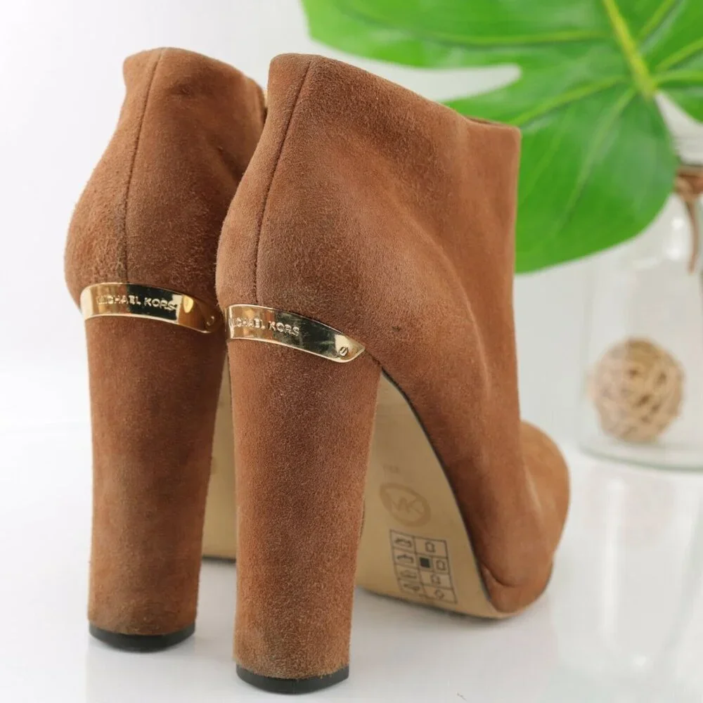 Michael Kors Womens Haven Boot Size 8 Camel Tan Suede Block Heel Platform Bootie